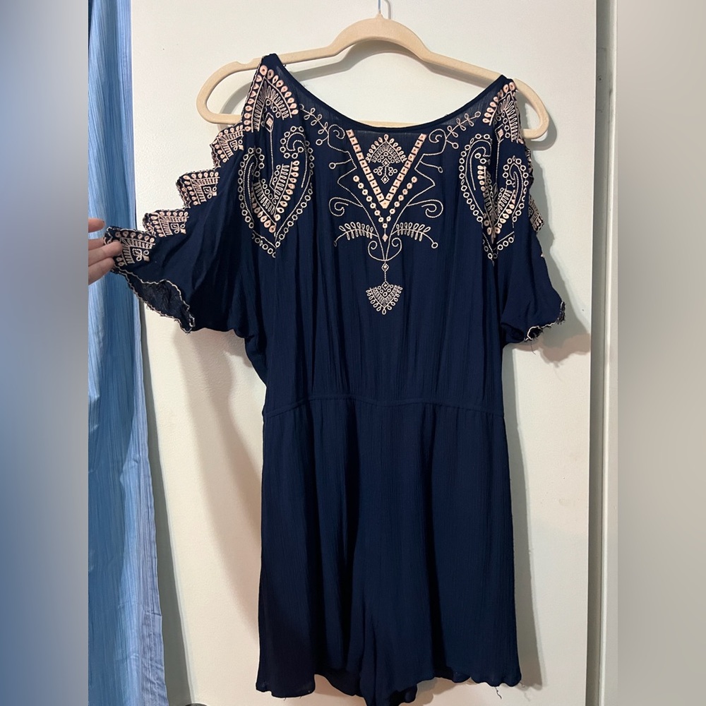 Alya Royal Blue and Beigey-Pink Embellished Ruffled Romper